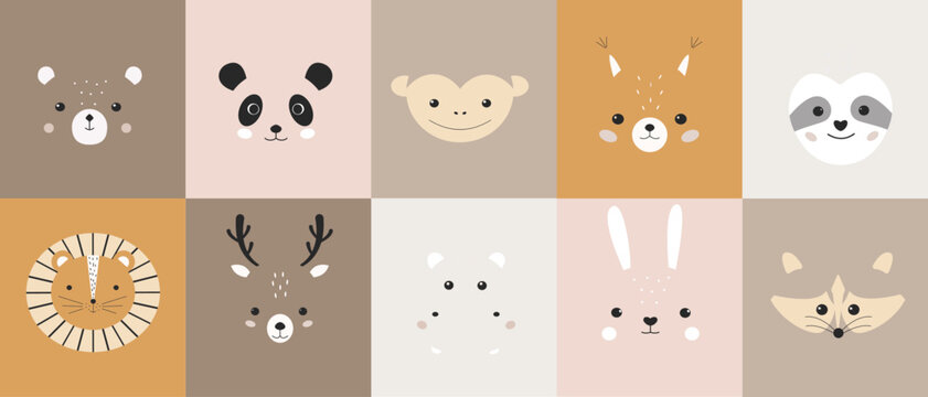 Cute animal portraits. Cartoon bear, panda, monkey, squirrel, sloth, lion, deer, hippo, hare, raccoon. Funny faces vector. Nursery design. Baby print. Boho style.