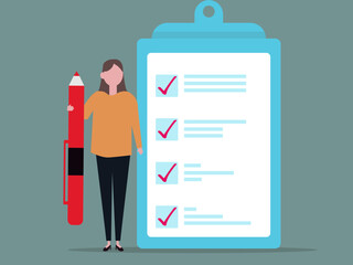 Woman and clipboard with check list. Vector illustration 