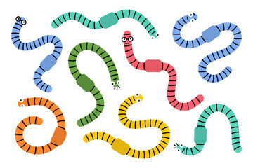 Colored worms character set. Earthworm mascot with eyes and cute faces. Terrestrial worms for kids illustration. Fishing bait with various emotions.