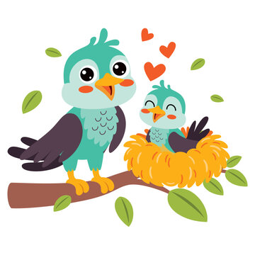 Cartoon Illustration Of Mother And Baby Birds