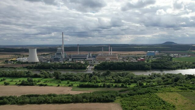 Power plant Melnik,black coal powerplant, (Elektr&aacute;rna Měln&iacute;k),Tepeln&aacute; elektr&aacute;rna Měln&iacute;k, &Scaron;tět&iacute;,Liběchov,Horn&iacute; Počaply, Czech republic,Europe,aerial scenic panorama view,green deal,return to dirty 