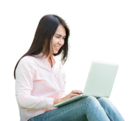 Young Asian beautiful woman with smiling face working outdoor in a public park. Working on laptop outdoors. Cropped image of female working on laptop while sitting in a park.
