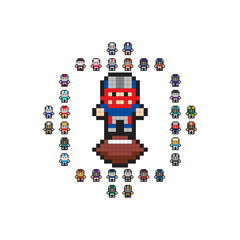 Characters in uniforms of American football teams drawn in 8-bit video game graphics.