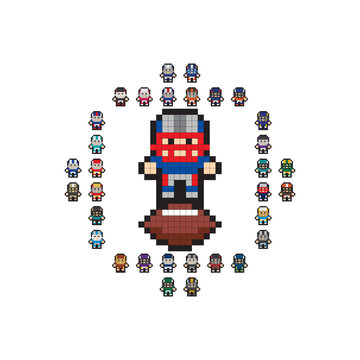 Characters in uniforms of American football teams drawn in 8-bit video game graphics.