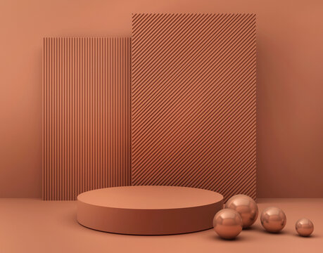 Product setting podium in terracotta color. Cylidrical stand for products . Product exposition concept. 3D rendering of warm  scene for product display