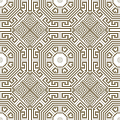 Gold elegant traditional seamless pattern. Greek ornamental vector background. Patterned repeat backdrop. Golden geometric ornaments. Modern beautiful isolated design on white. Endless ornate texture