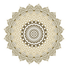 Mandala. Ancient round zigzag ornament. Vector isolated meander pattern on white background. Antique mandala with greek key meanders ornament. Ornamental ethnic style design. Abstract ornate texture