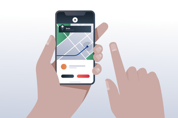 hand holding smartphone with online taxi app on screen vector flat illustration
