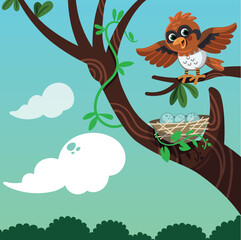 Happy bird mother is waiting for her babies to come out of the nest in the tree branch. Vector illustration.
