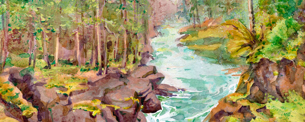 A bubbling mountain river in a coniferous forest © Firsik Anton