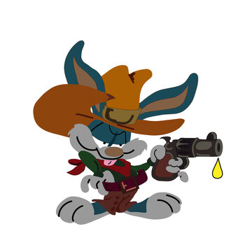 Cartoon comic rabbit in sportswear with a gun. Cartoon caricature print, pattern, for children. T-shirt print.