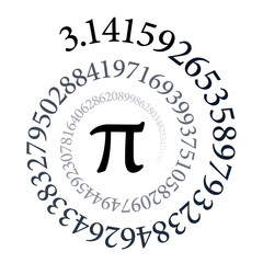 Pi spiral. The first hundred digits of the infinite circle number and mathematical constant Pi, forming an arithmetic spiral. Black and white colored sequence, isolated on white background. Vector. - obrazy, fototapety, plakaty