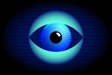 Surveillance eye and Big Data symbol. Blue eyeball between wide open spread turquoise eyelids, in front of a dark blue background, with binary coding of zero and one numbers, in random order. Vector