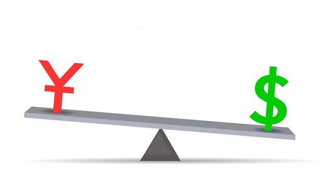 Yuan vs Dollar, Seesaw animation. US Dollar versus Chinese Yen, loop. China renminbi. Exchange USD CNY icon, symbols unbalance lever. Up dawn, rate pair currency decline. Money weights Finance Video