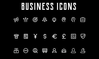 Business icons white on black background. Premium icons.