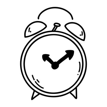 Hand drawn doodle alarm clock icon. Vector sketch illustration of black outline cute cartoon clock in vintage style for print, coloring page, kids design, logo