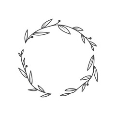 Floral circle wreath frame vector template. Branches and leaves doodle hand drawn line border.