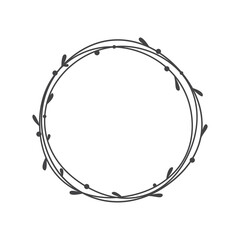 Obraz premium Floral circle wreath frame vector template. Branches and leaves doodle hand drawn line border.
