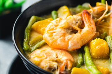 Ginataang Hipon, Kalabasa at Sitaw- sauteed shrimp, squash, and string beans in coconut sauce