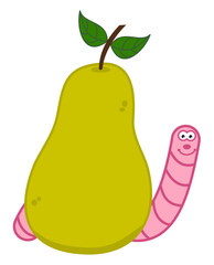 Smiling pink maggot coming out of a juicy yellow pear 