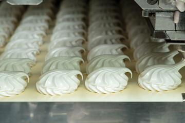 Confectionery factory. Zephyr and marshmallows production line machine, close-up
