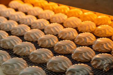 Confectionery factory. Zephyr and marshmallows production line machine, close-up