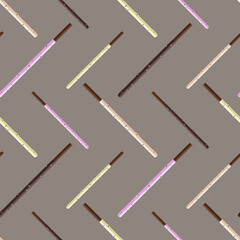 Sticks-cookies in strawberry, banana, white and dark chocolate. Seamless pattern. Vector