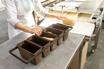 Bakery worker fills metal bread baking pans with dough. Industrial automated line for baking bakery products. Metal containers for baking bread on table. Equipment for production of bread in bakery