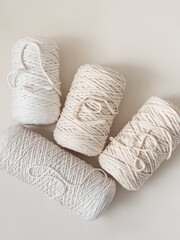 Set of cotton ropes for creativity on white background. Yarn bobbins