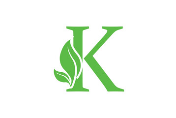 K letter logo with leaf. Creative modern Nature logo design for K