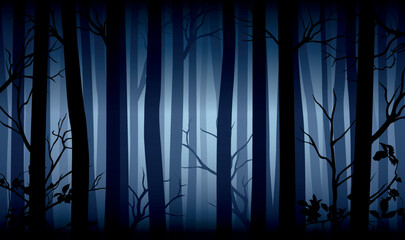 Vector blue mysterious dark forest landscape with silhouettes of trees and branches - obrazy, fototapety, plakaty
