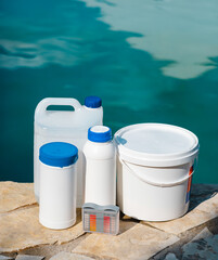 Obraz premium High Angle View Of Outdoor Pool Chemistry Testing And Maintenance Tools
