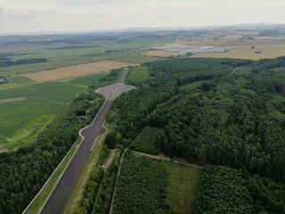 Skoda auto secret testing facility and a giant one way roundabout, aerial panorama landscape view