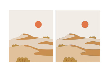 Desert landscape in flat design and line colored design. Desert dunes, Sahara. Hand-drawn dunes with sun, bushes, and sand.
