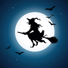 Vector black silhouette of a witch flying on broom with bats and full moon on dark blue sky in the background