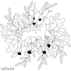 Young deer with autumn leaves. Autumn collection. Relaxation coloring template.