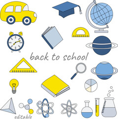 Fototapeta premium Back to school. Set of editable images with bus, globe, book and planet. Design elements.