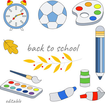 Back to school. Set of editable pictures with paints, ball, alarm clock and leaves.
