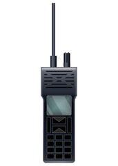Walkie talkie icon for industrial use. Portable radio transceiver. Travel black portable mobile device. Vector illustration isolated on white background