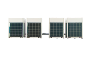 Set of big air conditioner compressor source heat pumps on the wall outdoor on the roof top of the building. It is used in large industrial buildings for cooling. 