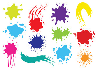 Fototapeta na wymiar Paint blots. Splashes set for design use. Colorful grunge shapes collection. Dirty stains and silhouettes. Color ink splashes