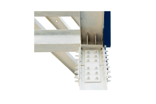 Large screw hexagon flange nut is firmly attached. Supporting structures, metal frame of prefabricated building metal posts. Painted in white of outdoor billboard. 