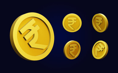 Set of golden Rupee coins from various angles and views on isolated background, 3D Illustration