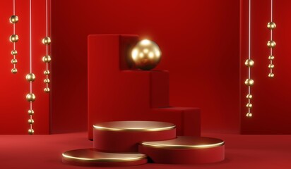 3D rendering of blank product background for cream cosmetics Modern red podium background