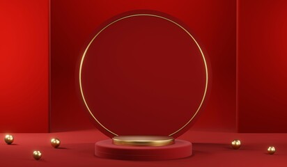 3D rendering of blank product background for cream cosmetics Modern red podium background
