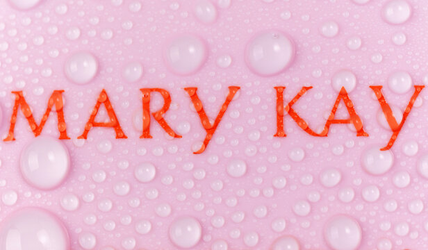 Tyumen, Russia-July 19, 2022: Skin care products company Mary Kay logo close up macro