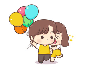 Cute lovers couple happy holiday chibi cartoon character. Happy valentine day