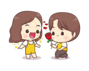 Cute lovers couple chibi cartoon character. Boy giving rose flower. Happy valentine day