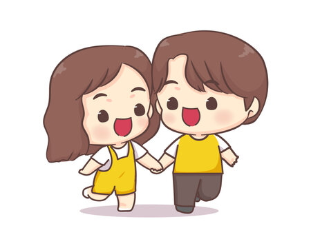 Cute lovers couple walking together chibi cartoon character. Happy valentine day