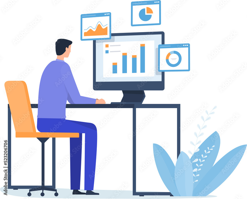 Poster Businessman working on computer concept analytics graph report on monitoring dashboard for marketing planning and finance investment concept